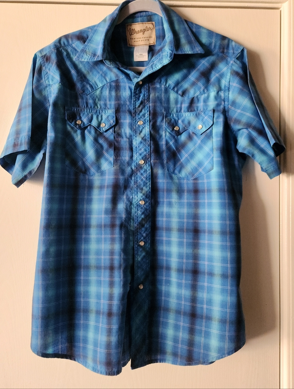 Vintage Wrangler Western Blue Turquoise Plaid Short Sleeve Men Size Med EUC $28